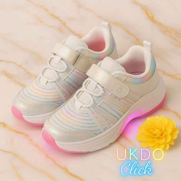 Girls’ Light-Up Rainbow Sneakers witHook & Loop Strap Comfort Sole & Pastel Glow - Picture 4 of 10